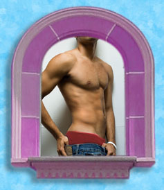 A muscled man reveals his underwear in a pink window